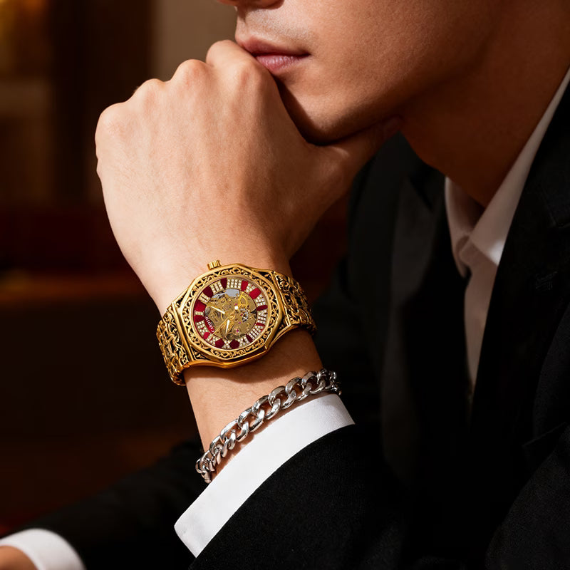 Montre Mécanique Polygonale Automatique pour Homme, Style Rétro Noble avec Motif Sculpté, Jaune et Rouge