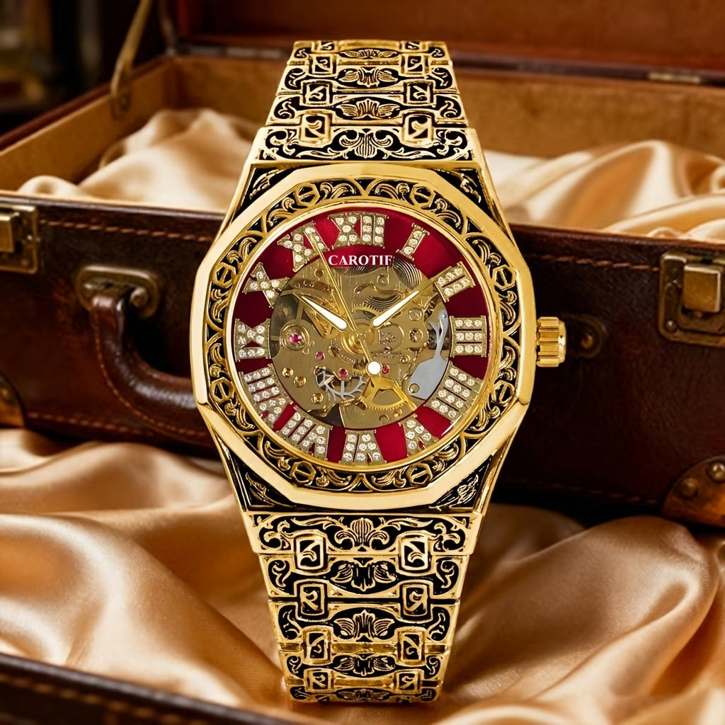 Montre Mécanique Polygonale Automatique pour Homme, Style Rétro Noble avec Motif Sculpté, Jaune et Rouge