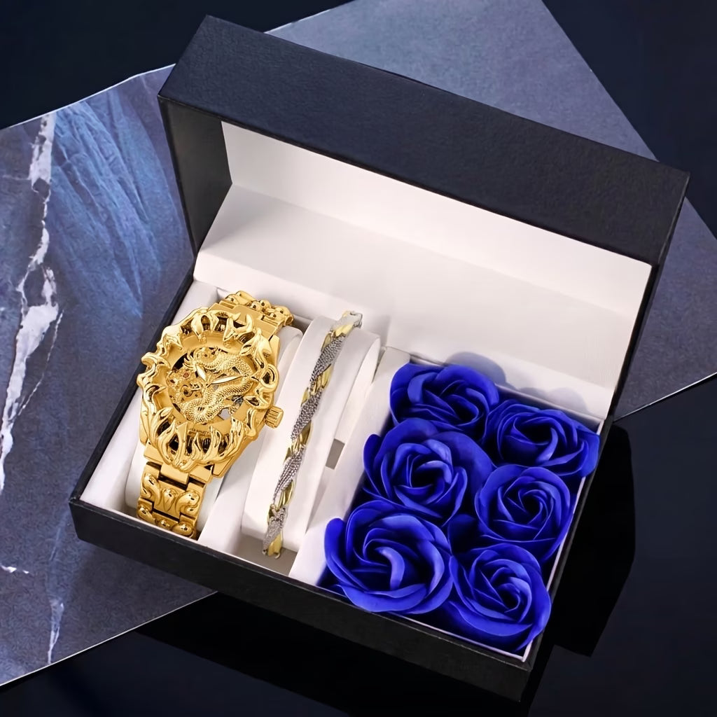 Montre mécanique automatique pour homme, squelette de dragon sculpté audacieux noir et jaune, avec bracelet, avec variantes