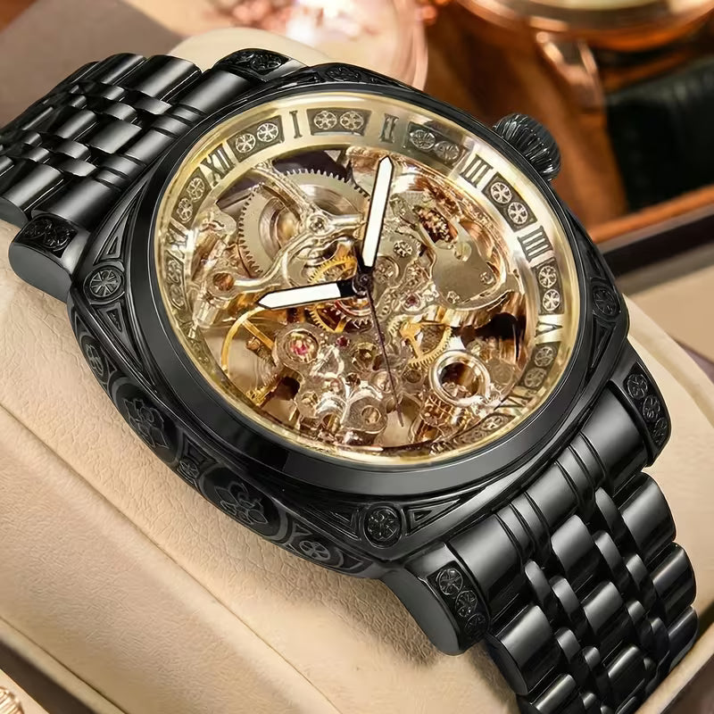 Montre mécanique rétro pour homme, avec une ceinture jaune et noire et un tourbillon creux sculpté noble, sans pile