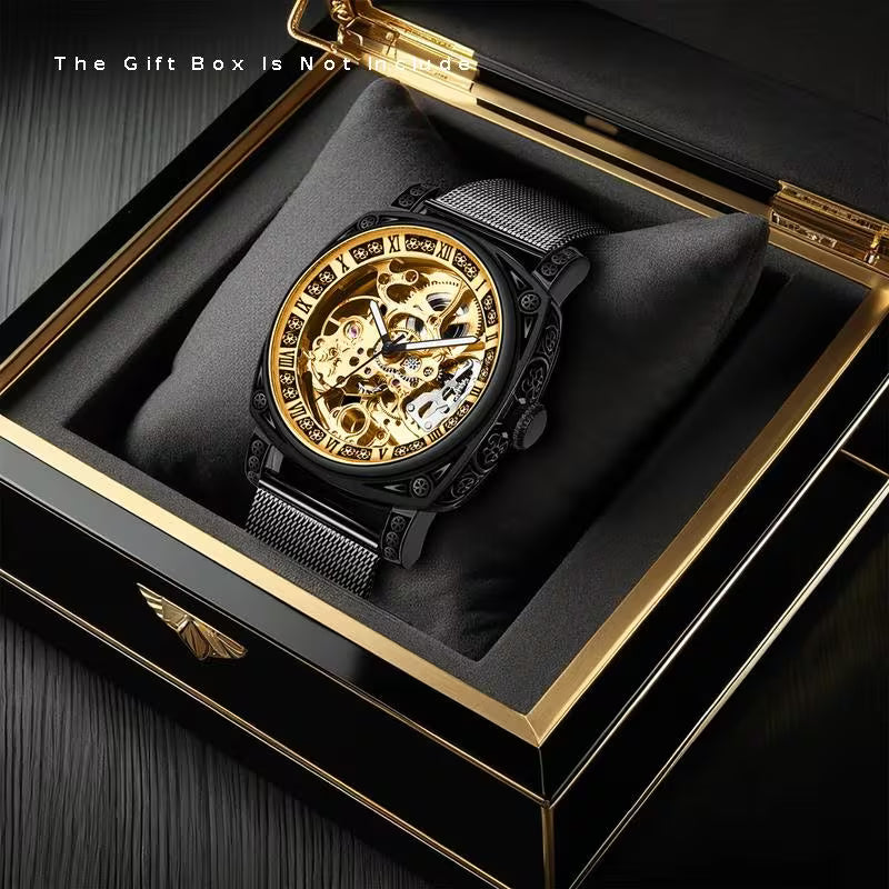 Montre mécanique tourbillon entièrement automatique à décorations sculptées, style facile, en maille noir pour homme, sans pile