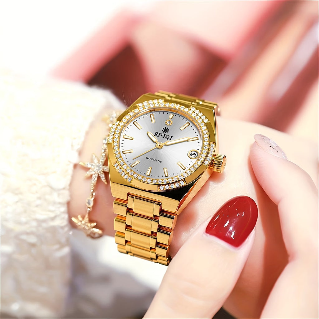 Montre à remontage automatique pour femmes, cadran argenté brossé, indicateur de date, doré en acier inoxydable, montre d'affaires élégante
