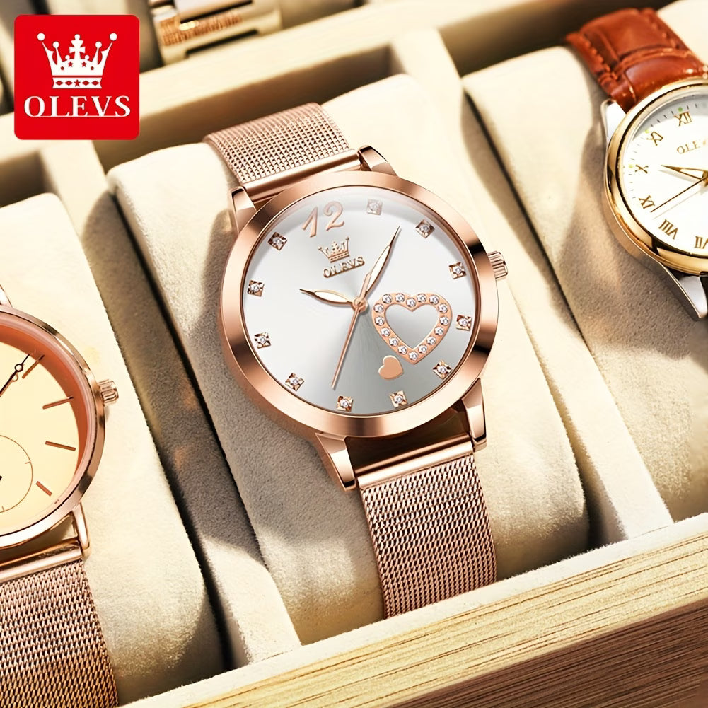 Montre Femme or rose doré avec strass, bracelet en maille, Coeurs Montres à quartz lumineuses pour femmes Montres-bracelets, Cadran noir/blanc/rouge/rose