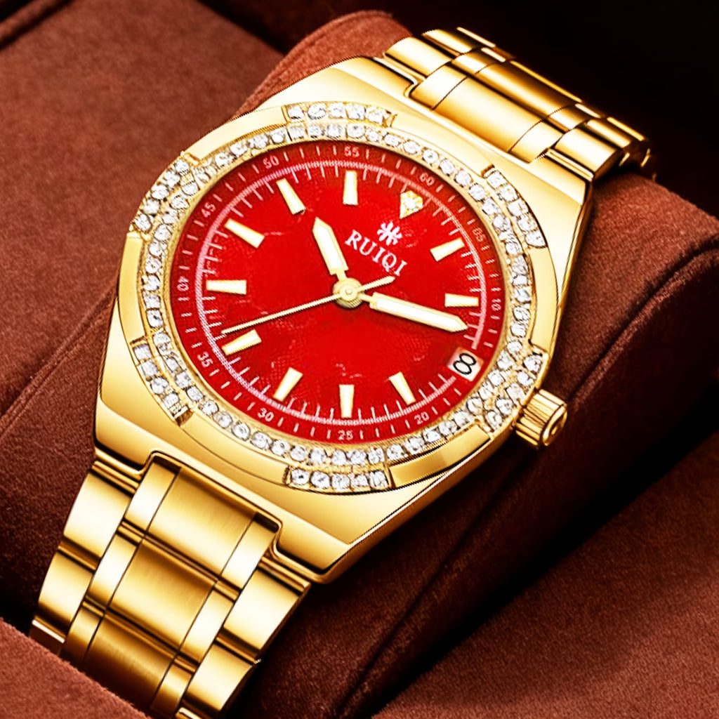 Montre mécanique exquise pour femmes avec cadran rouge éblouissant et plaqué or