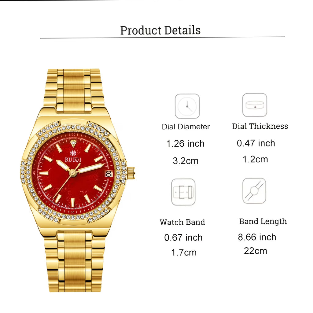 Montre mécanique exquise pour femmes avec cadran rouge éblouissant et plaqué or
