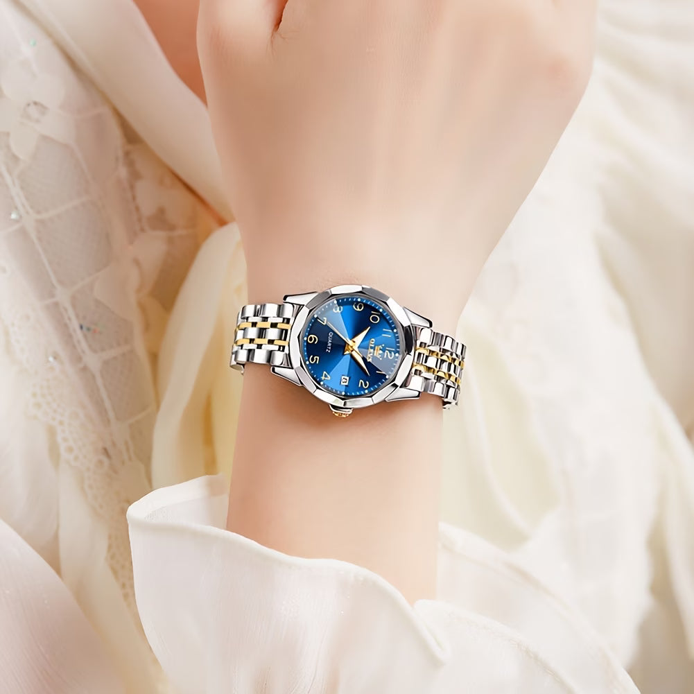 Montres pour femmes Montre à quartz analogique classique et tendance pour dames Montre élégante de luxe Petite face en acier inoxydable Lumineuse avec calendrier