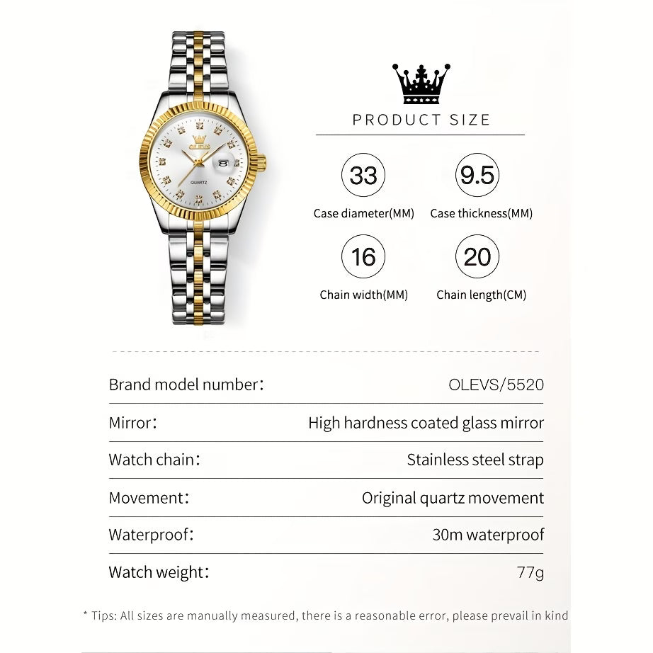 Montre pour femmes, Montre analogique à quartz pour femmes, montre élégante en acier inoxydable, montre lumineuse avec date et calendrier, montre romantique pour femme, cadran noir/blanc/argenté