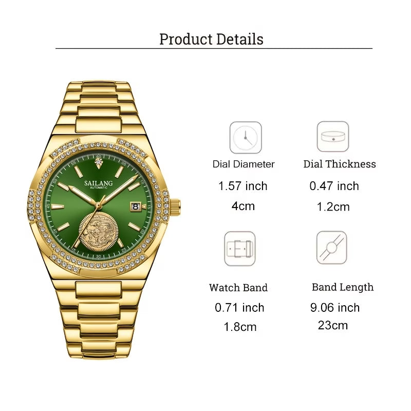 Montre à remontage automatique pour femmes, montre à main dorée, cadran vert avec dragon doré en relief, indicateur de date, en acier inoxydable doré, montre de luxe pour affaires