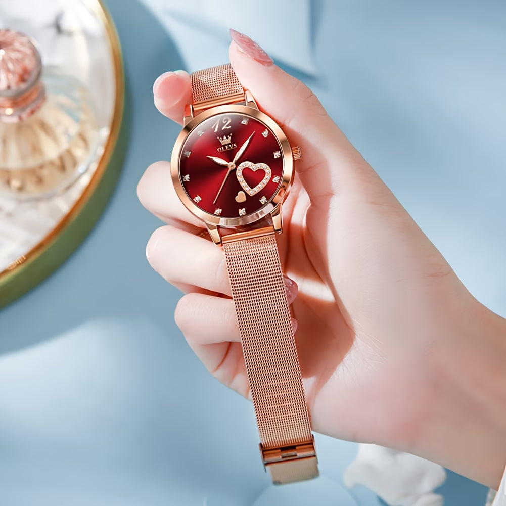 Montre Femme or rose doré avec strass, bracelet en maille, Coeurs Montres à quartz lumineuses pour femmes Montres-bracelets, Cadran noir/blanc/rouge/rose