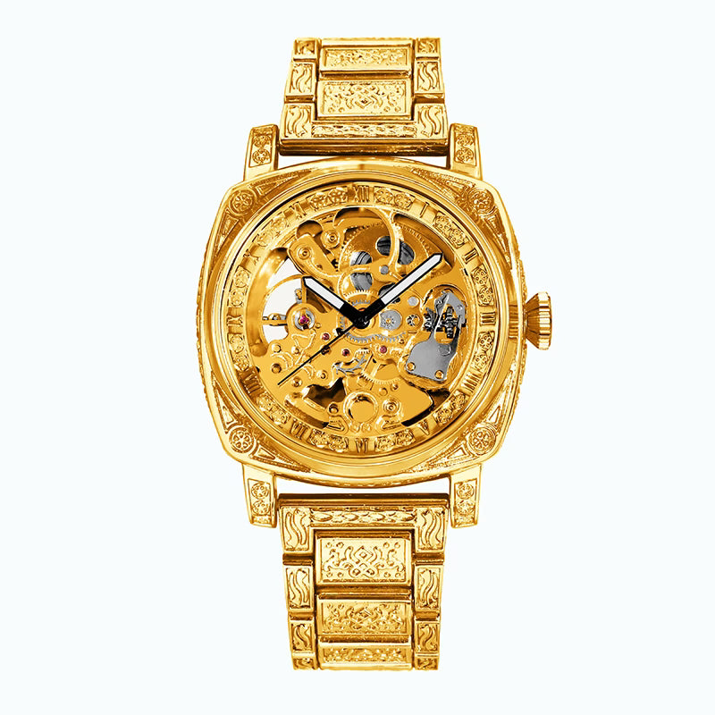 Montre mécanique automatique pour homme, style business polyvalent, bracelet en acier jaune, finement gravée avec chiffres romains