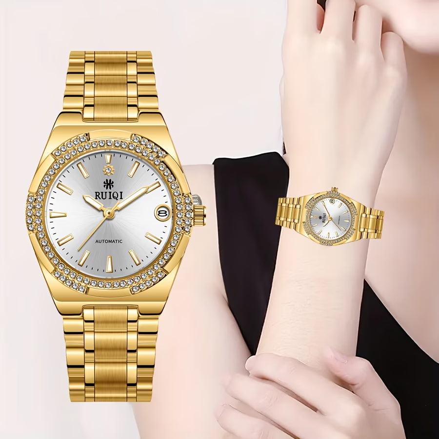 Montre à remontage automatique pour femmes, cadran argenté brossé, indicateur de date, doré en acier inoxydable, montre d'affaires élégante