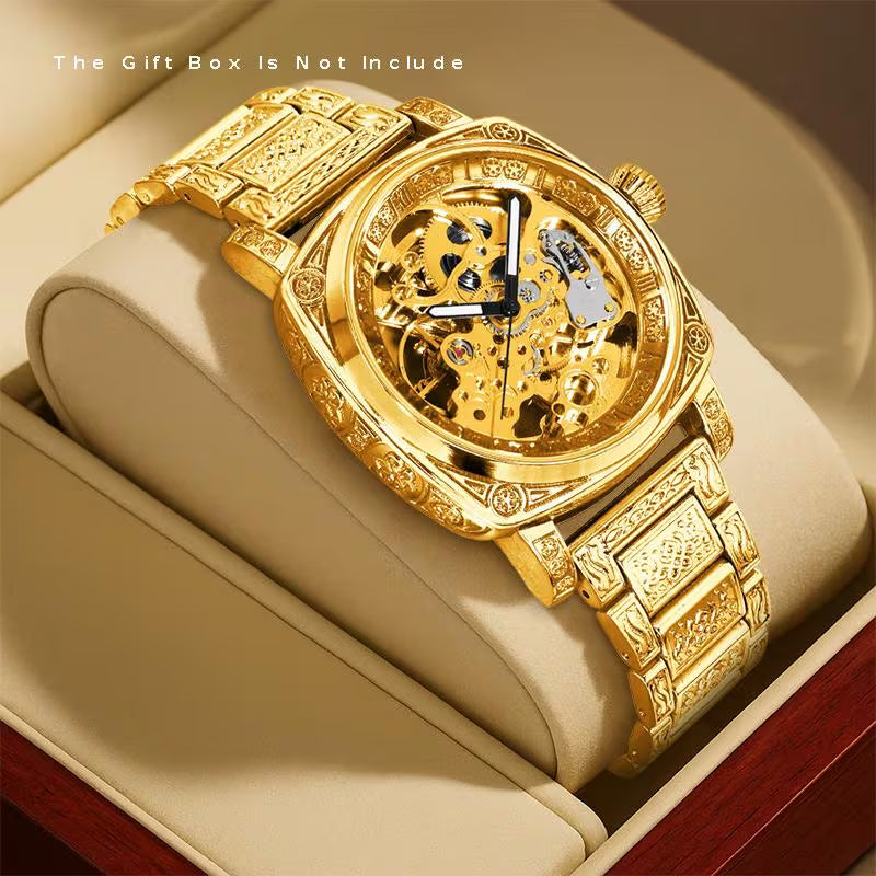 Montre mécanique automatique pour homme, style business polyvalent, bracelet en acier jaune, finement gravée avec chiffres romains