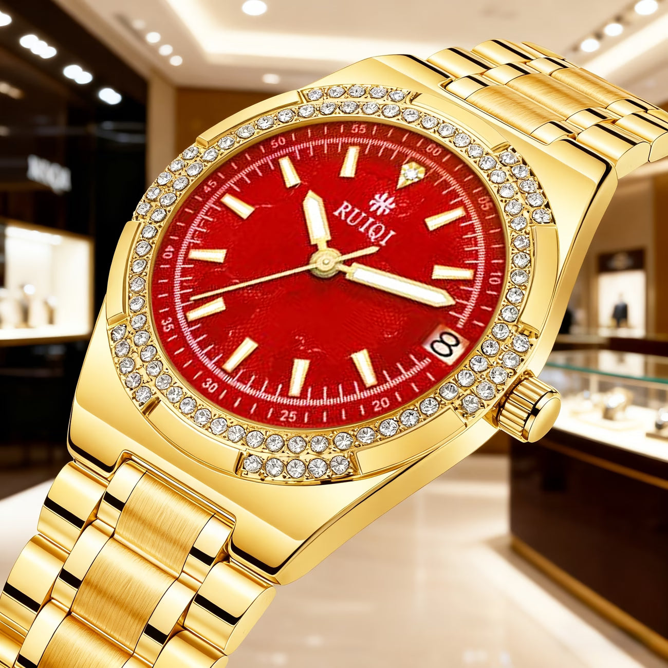 Montre mécanique exquise pour femmes avec cadran rouge éblouissant et plaqué or