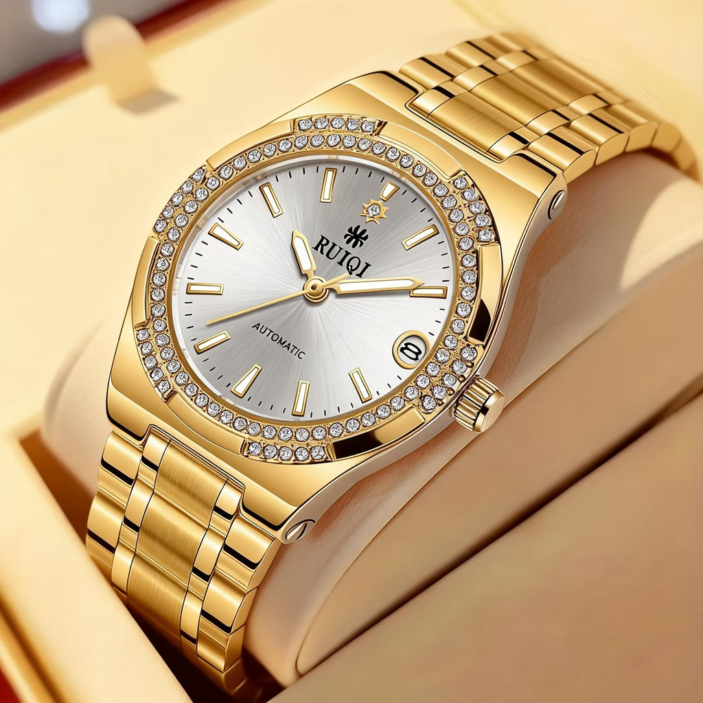 Montre à remontage automatique pour femmes, cadran argenté brossé, indicateur de date, doré en acier inoxydable, montre d'affaires élégante