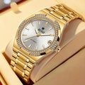 Montre à remontage automatique pour femmes, cadran argenté brossé, indicateur de date, doré en acier inoxydable, montre d'affaires élégante