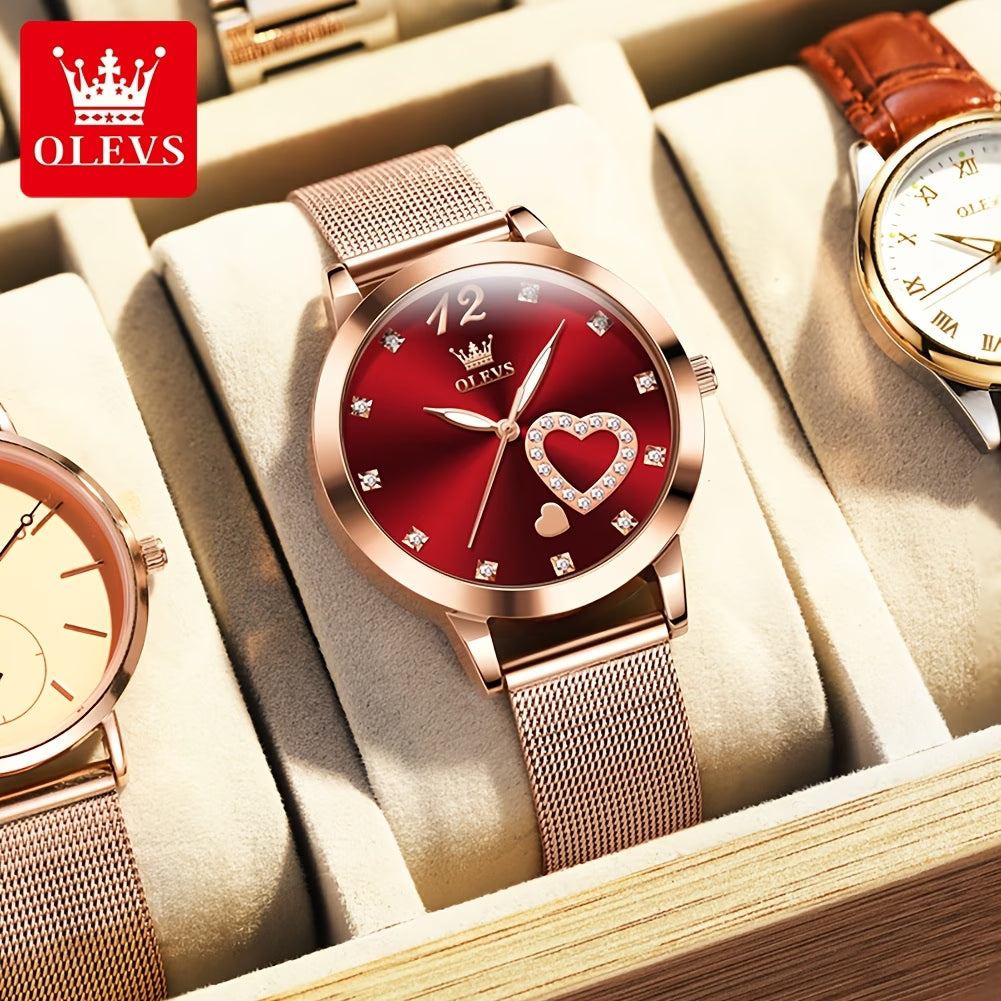 Montre Femme or rose doré avec strass, bracelet en maille, Coeurs Montres à quartz lumineuses pour femmes Montres-bracelets, Cadran noir/blanc/rouge/rose