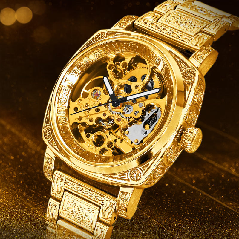 Montre mécanique automatique pour homme, style business polyvalent, bracelet en acier jaune, finement gravée avec chiffres romains
