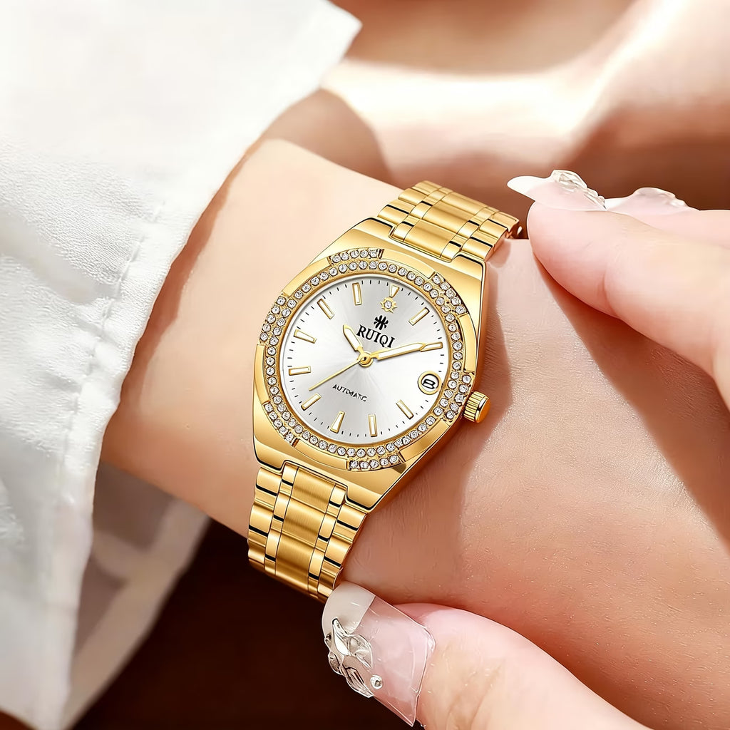 Montre à remontage automatique pour femmes, cadran argenté brossé, indicateur de date, doré en acier inoxydable, montre d'affaires élégante