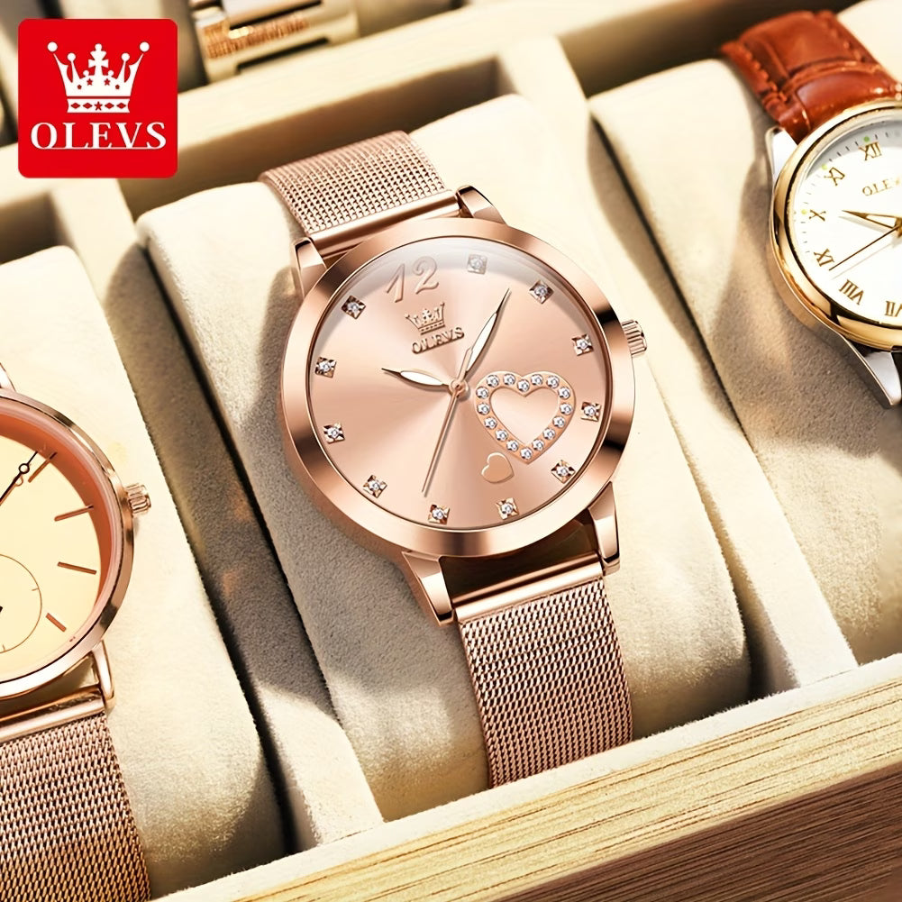 Montre Femme or rose doré avec strass, bracelet en maille, Coeurs Montres à quartz lumineuses pour femmes Montres-bracelets, Cadran noir/blanc/rouge/rose