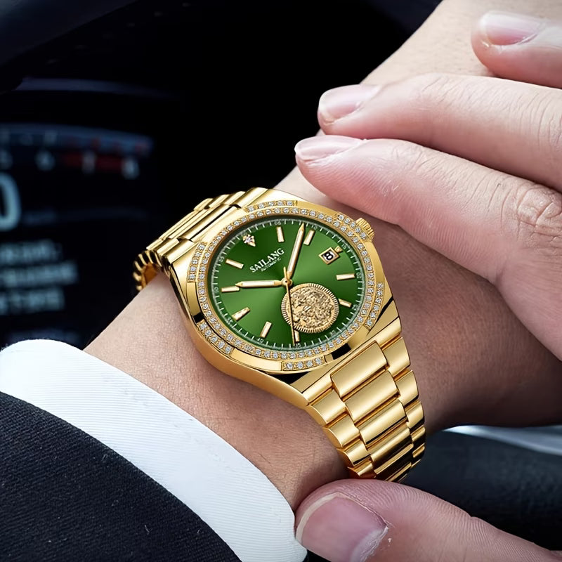 Montre à remontage automatique pour femmes, montre à main dorée, cadran vert avec dragon doré en relief, indicateur de date, en acier inoxydable doré, montre de luxe pour affaires