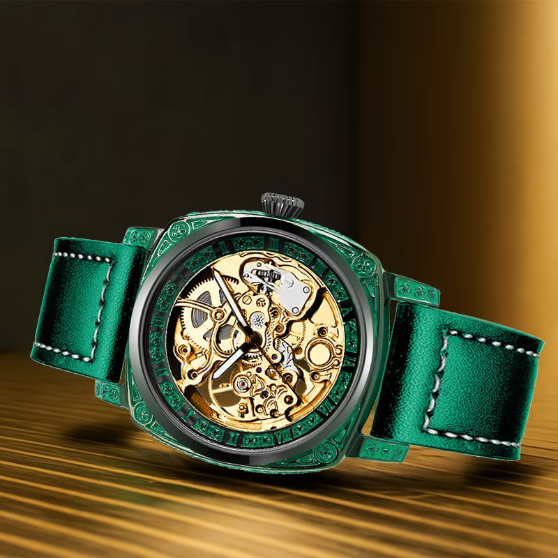 4 pièces Montre Mécanique Homme en PU & Coffret Cadeau avec Ceinture Assortie - Motif Sculpté Jaune-Vert (Bracelet, Collier, Bague)